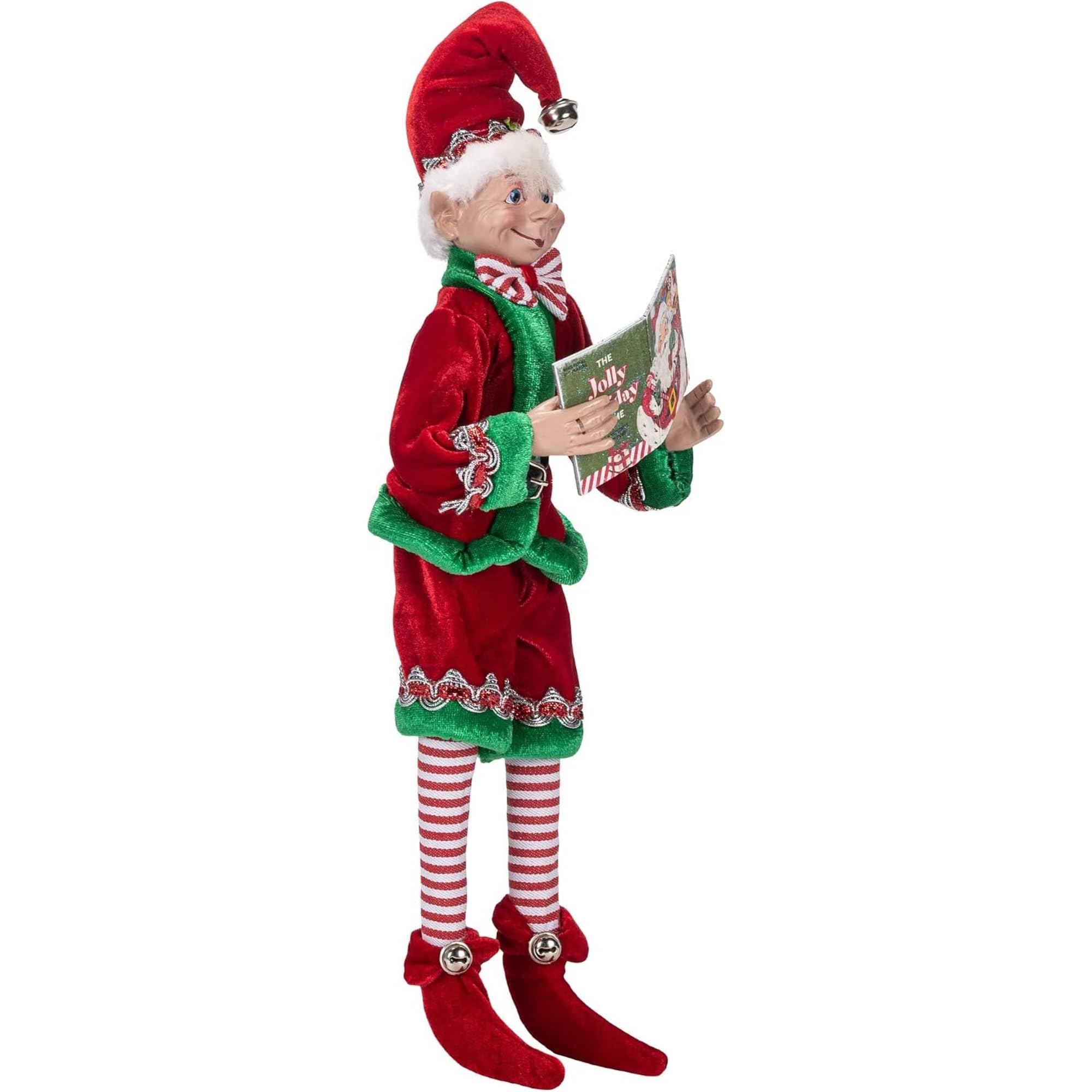 RAZ Imports Elfo de Navidad Posable, 16 Pulgadas de Alto, Traje de Terciopelo Rojo y Verde con Libro de Papá Noel, colección navideña de los Juegos de Reno 2019