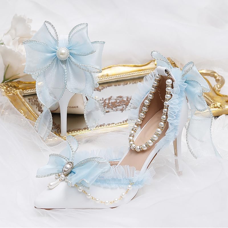 Light Blue Chiffon Bow Pointed Retro Lolita Princess Women's Shoes Pearl one-Word Strap Hollow high Heels2