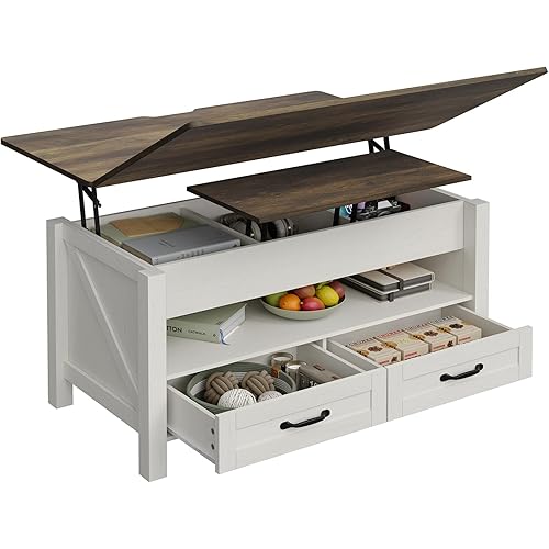 Furniouse Coffee Table with 2 Storage Drawers and Open Storage Shelf, Retro Multi-Function Lift Top Coffee Table, Coffee Table Converts to Dining Table, for Living Room Home Office, Brown Top