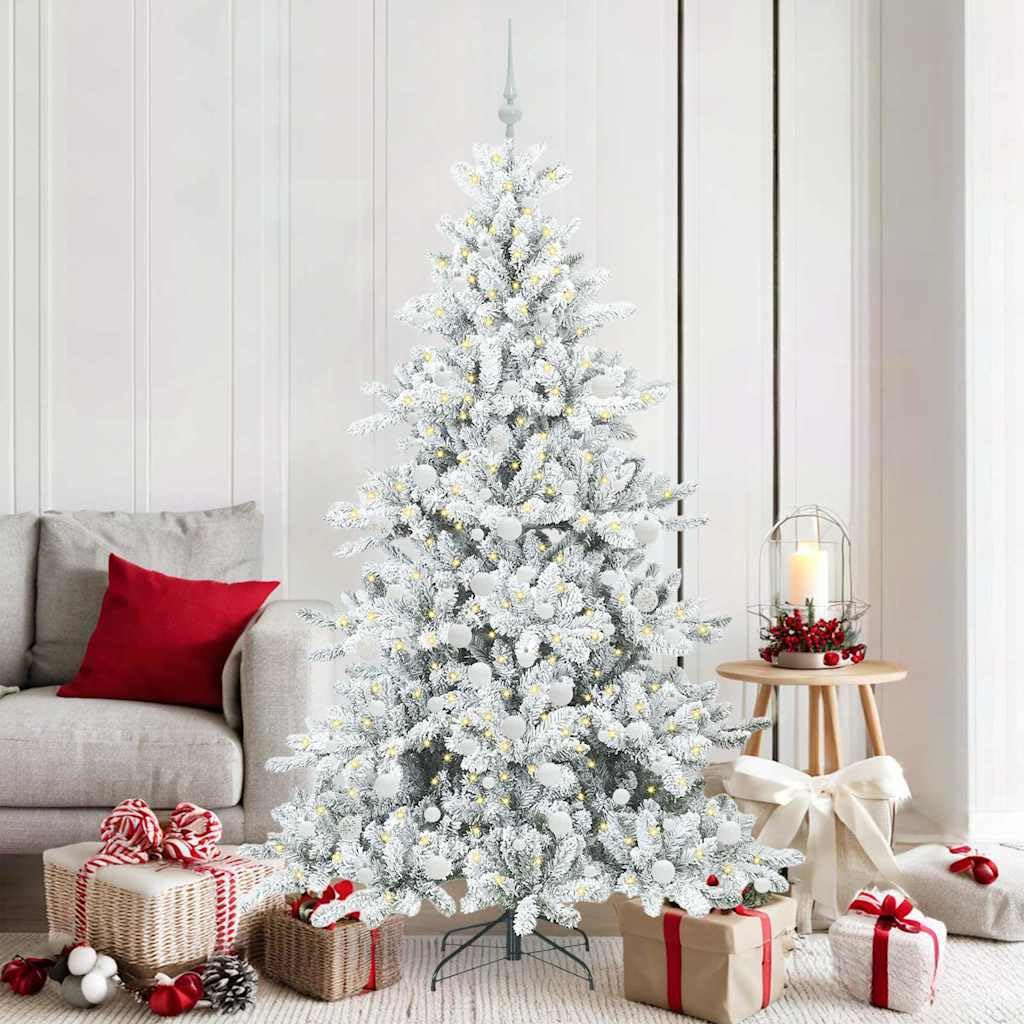Sapin de Noël artificiel blanc 180 cm avec guirlande lumineuse et boules