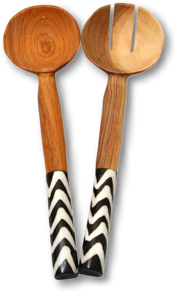 Olive Wood & Batiked Bone Salad Server Set (African Free Trade) Zebra Zig-Zag