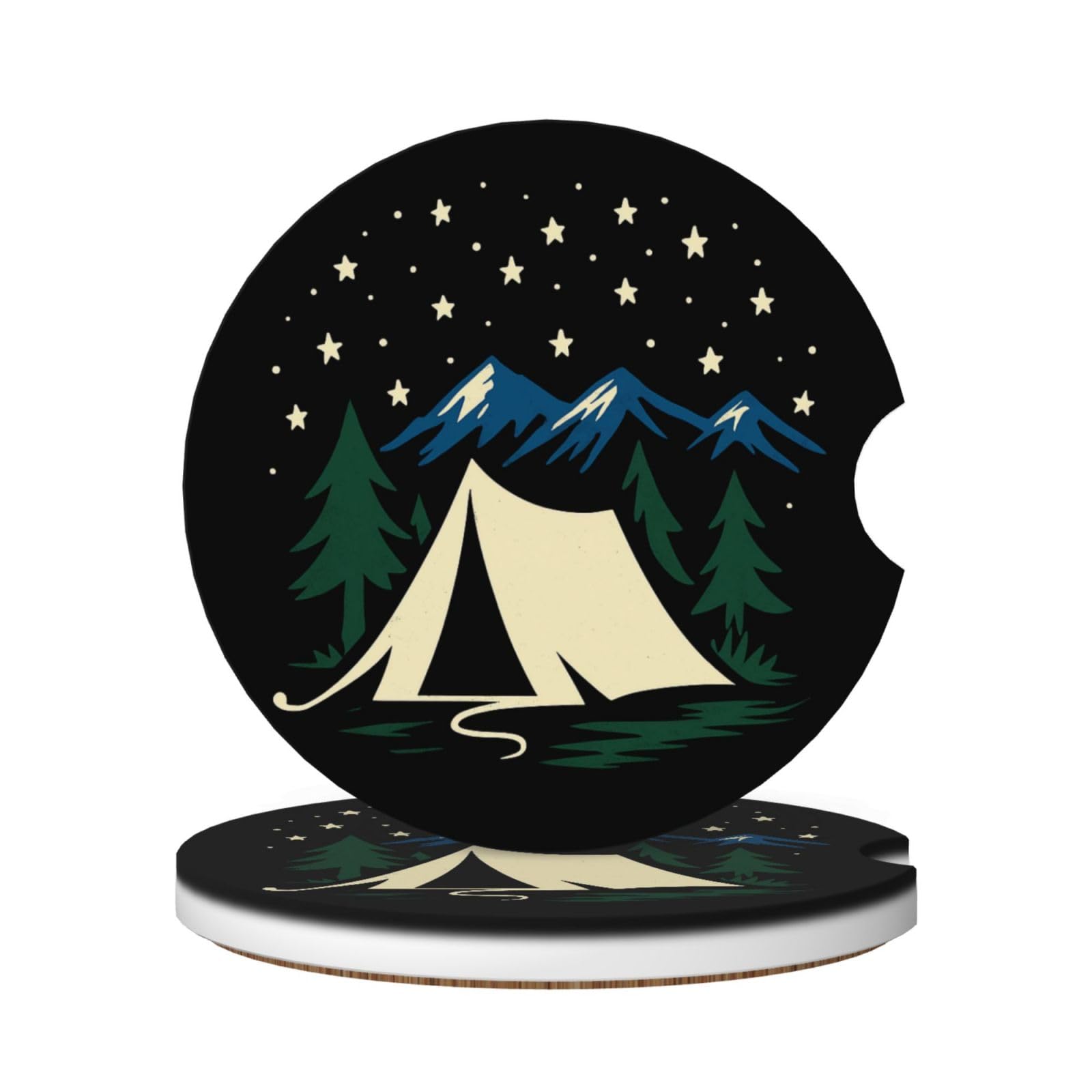 2 Pcs Vintage Camp Tent Nature Ceramic Car Coasters Universal Anti-Slip Absorbent Finger Notch Coaster Sets for Drinks Auto Decor
