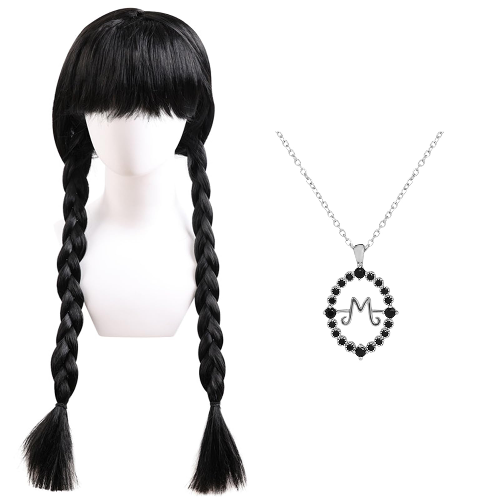 DAVBNM Long Braided Wig with Necklace Black Wigs With Bangs Cosplay Wig for Halloween Party Cosplay