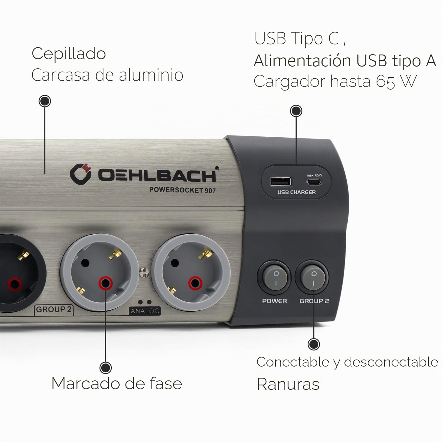 OEHLBACH Powersocket 907 MKII - Regleta de alimentación HiFi filtrado y protección contra sobretensiones (2 Ranuras USB, Cargador USB-C de 65 W y Conector USB-A) - Aluminio