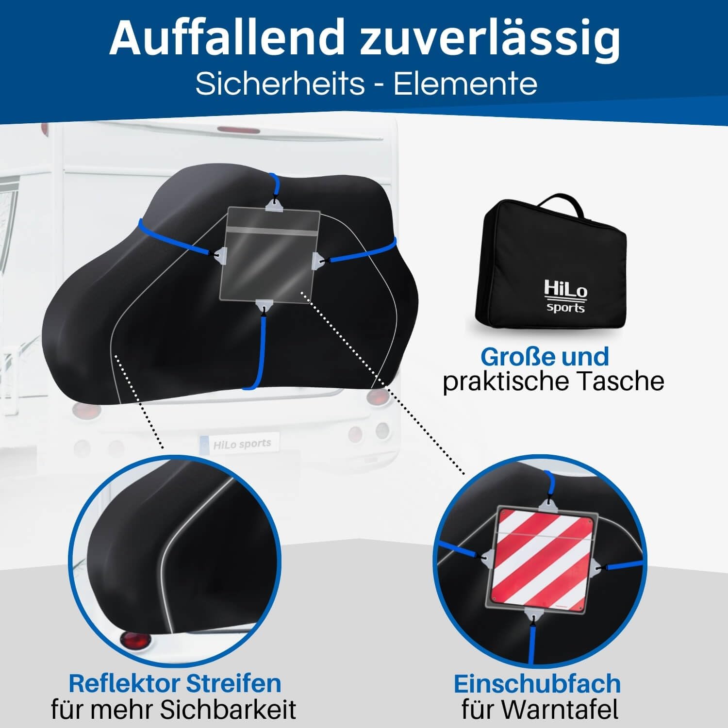 HiLo sports Fahrradschutzhülle Wohnmobil für 2 bis 3 Fahrräder - [Inkl. 2X Schnellspanner & 2X Spannseil] - Reißfeste E-Bike Abdeckplane für Wohnmobile - Fahrrad Transportschutz hinten offen