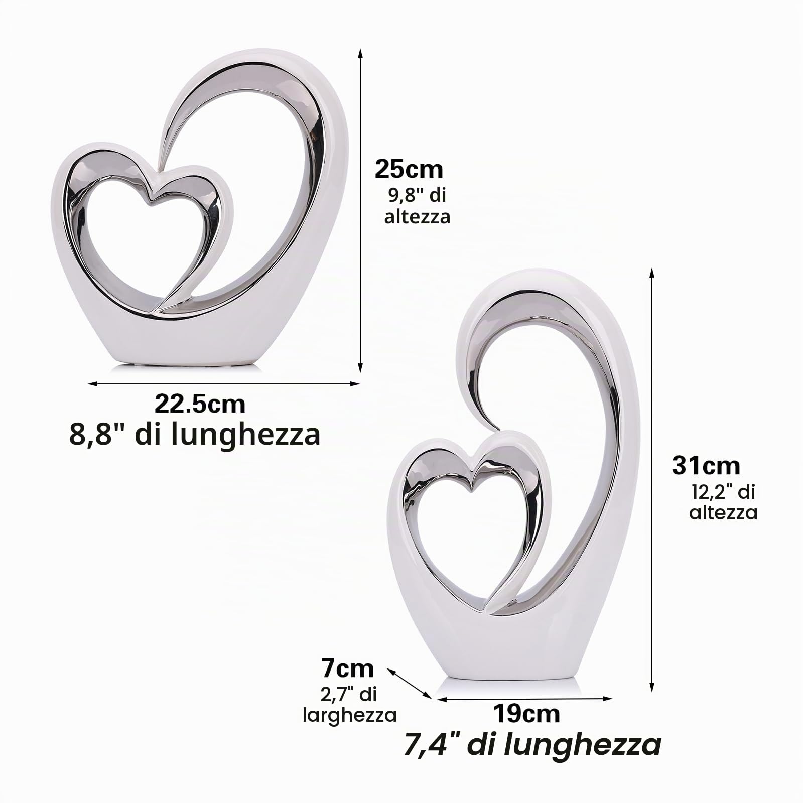 LCCCK Scultura a forma di cuore in ceramica bianca e argento, decorazione per camera da letto, centrotavola romantico per matrimoni, ideale come capanna d'amore, mensola, scrivania, tavolo d'ingresso