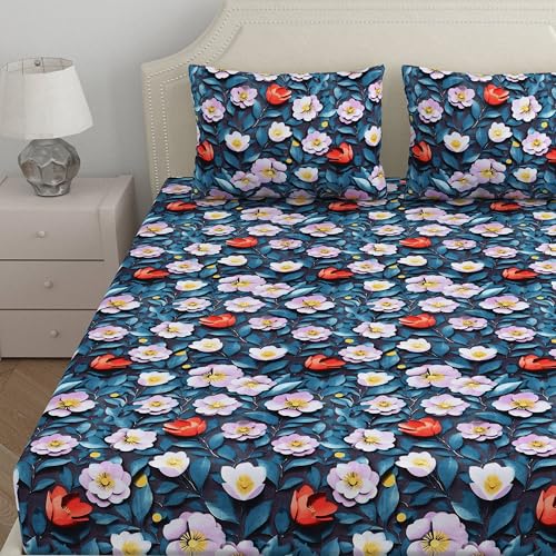 Image of Home Ecstasy Microfibre Wrinkle & Fade Resistant Fitted Bedsheet for King Bed with 2 Pillow Covers (Size 72 x 78 inches, 140TC, Colour Blue)