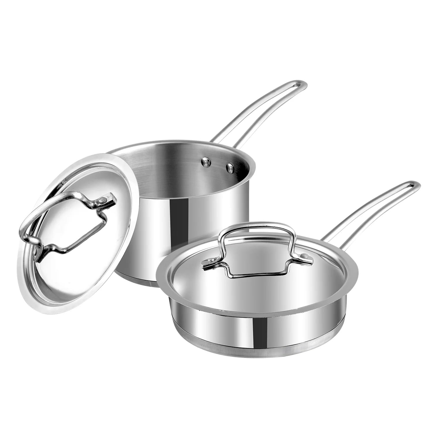 Stainless Steel Cookware Set, 2 Pieces, 16cm Saucepan and 20cm Fry Pan, Induction Base, Stainless Steel Lid