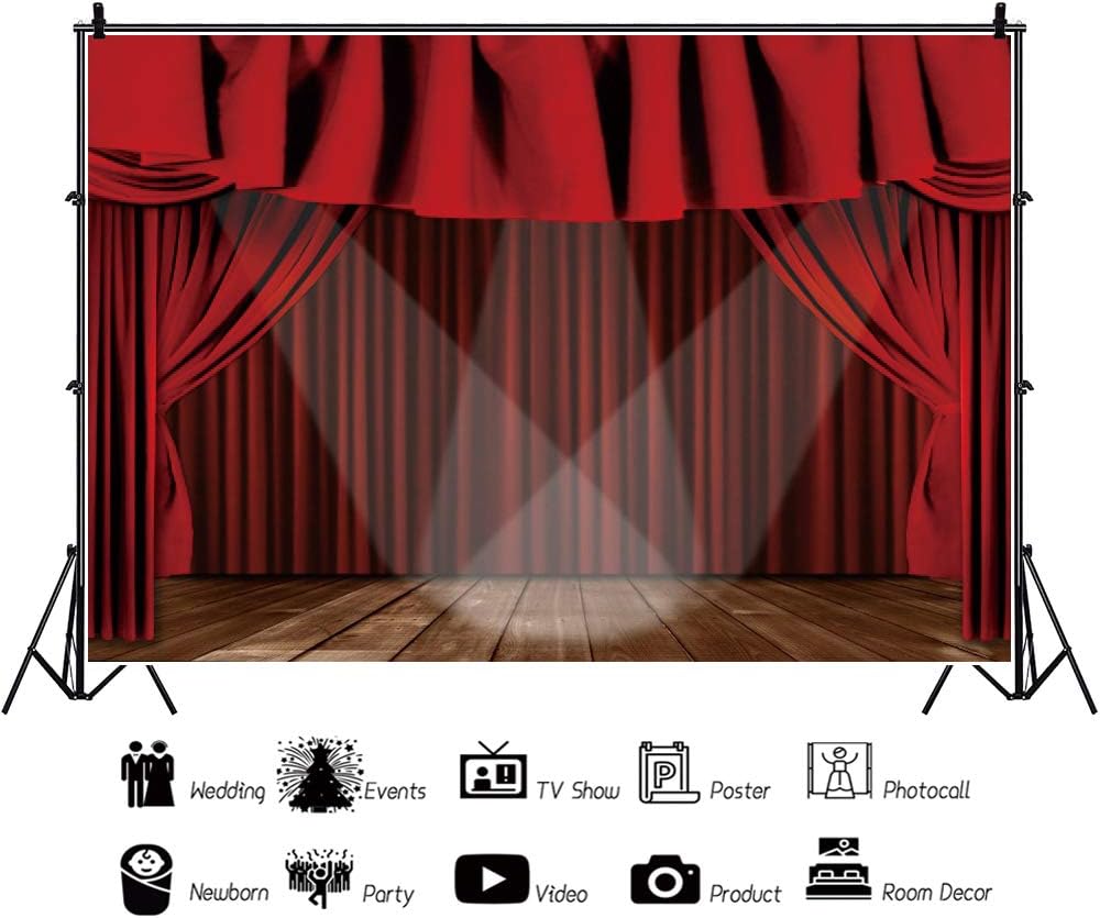 Renaiss 10x7ft Red Theater Stage Backdrop Velvet Curtain Spotlights Wooden Floor Music Theater Photography Background for Stage Show Baby Adults Wedding Portraits Photo Studio Props