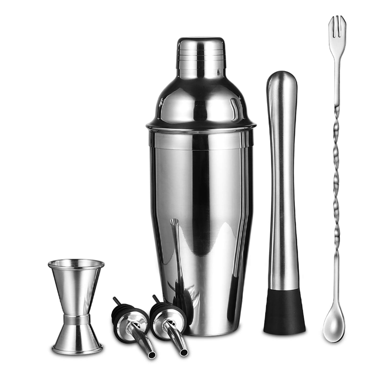 YCOCO 6 Piece Cocktail Shaker Bar Tools 25 oz Set,Stainless Steel Bartender Kit,Muddler,Pour Spouts,Mixing spoon,Jigger,Liquor Pourers Alcohol Tool Strainer Set,silver