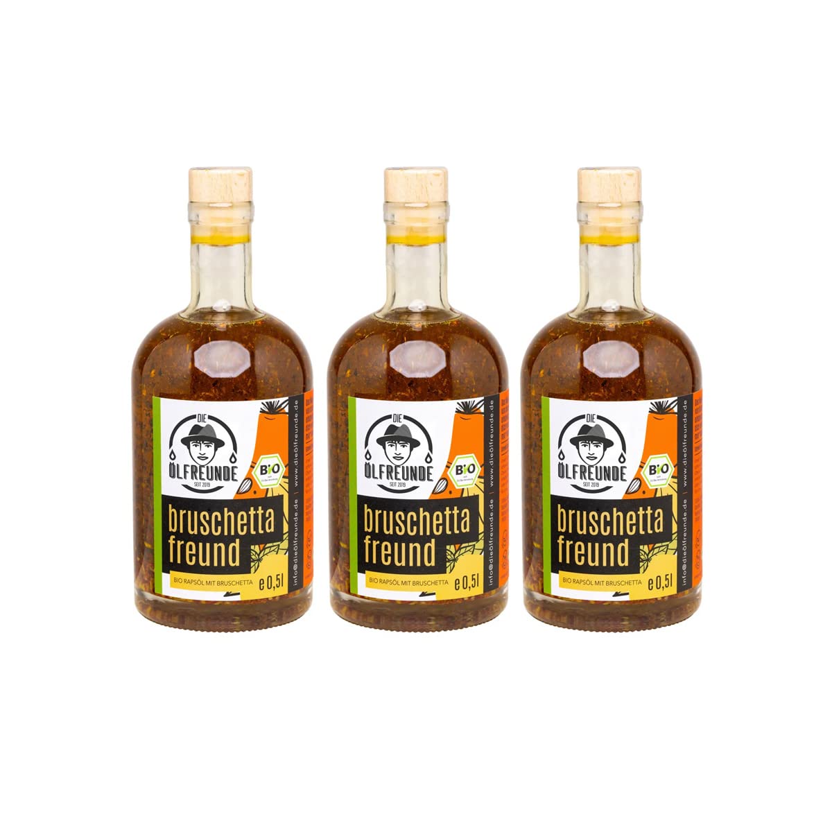 DIE ÖLFREUNDE ''Bio Bruschettafreund'' | 3er Sparset | Rapsöl mit Gewürzen 3x0,5l | hochwertig kaltgepresstes Öl | vegan | nachhaltiges Speiseöl mit Omega 3 und Omega 6 Fettsäuren