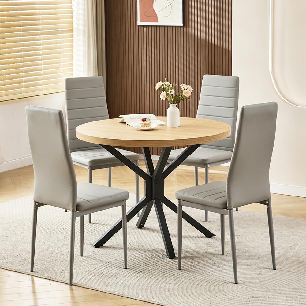 Rainbow Tree Large Round Dining Table and Chairs Set 4, 95cm Wooden Kitchen Table and 4 Chairs