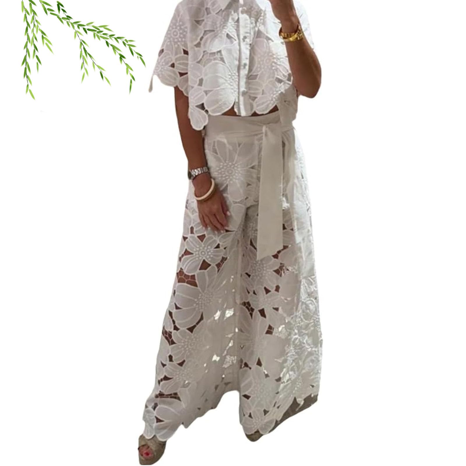 Elegance Floral Lace Cropped Shirt and Belt Pocketed Wide Leg Pants Set Hollow Lace Women Sexy 2 Piece