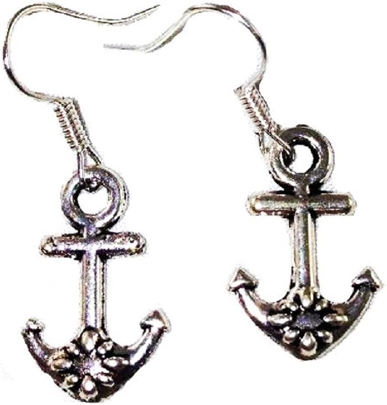 Lovely Anchor Earrings with Small Flowers in Silver Toned Overlay