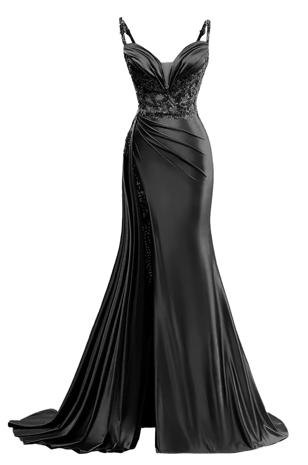 Spaghetti Straps Satin Prom Dresses for Women Mermaid Sequin Lace Pleated Long Tail Beaded Formal Evening Gowns with Slit