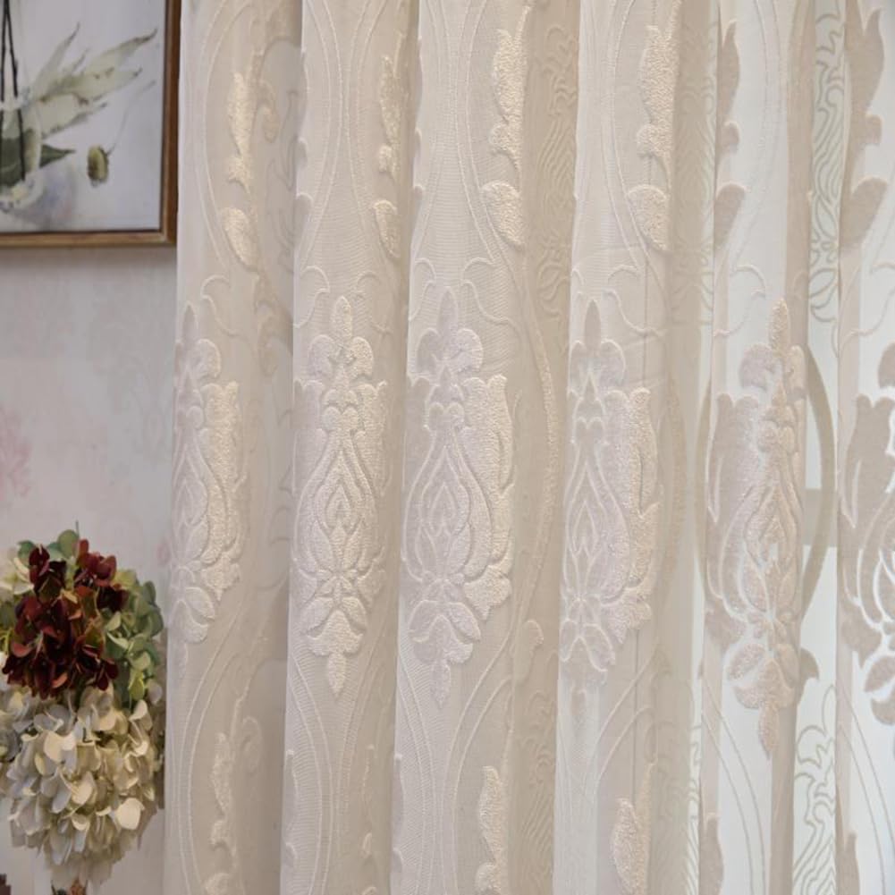Elegancki zestaw przezroczystych zasłon 2 szt., 140 x 260 cm, kremowe zasłony na przelotkach z romantycznym barokowym wzorem, półprzezroczyste zasłony filtrujące światło do wystroju domu w stylu