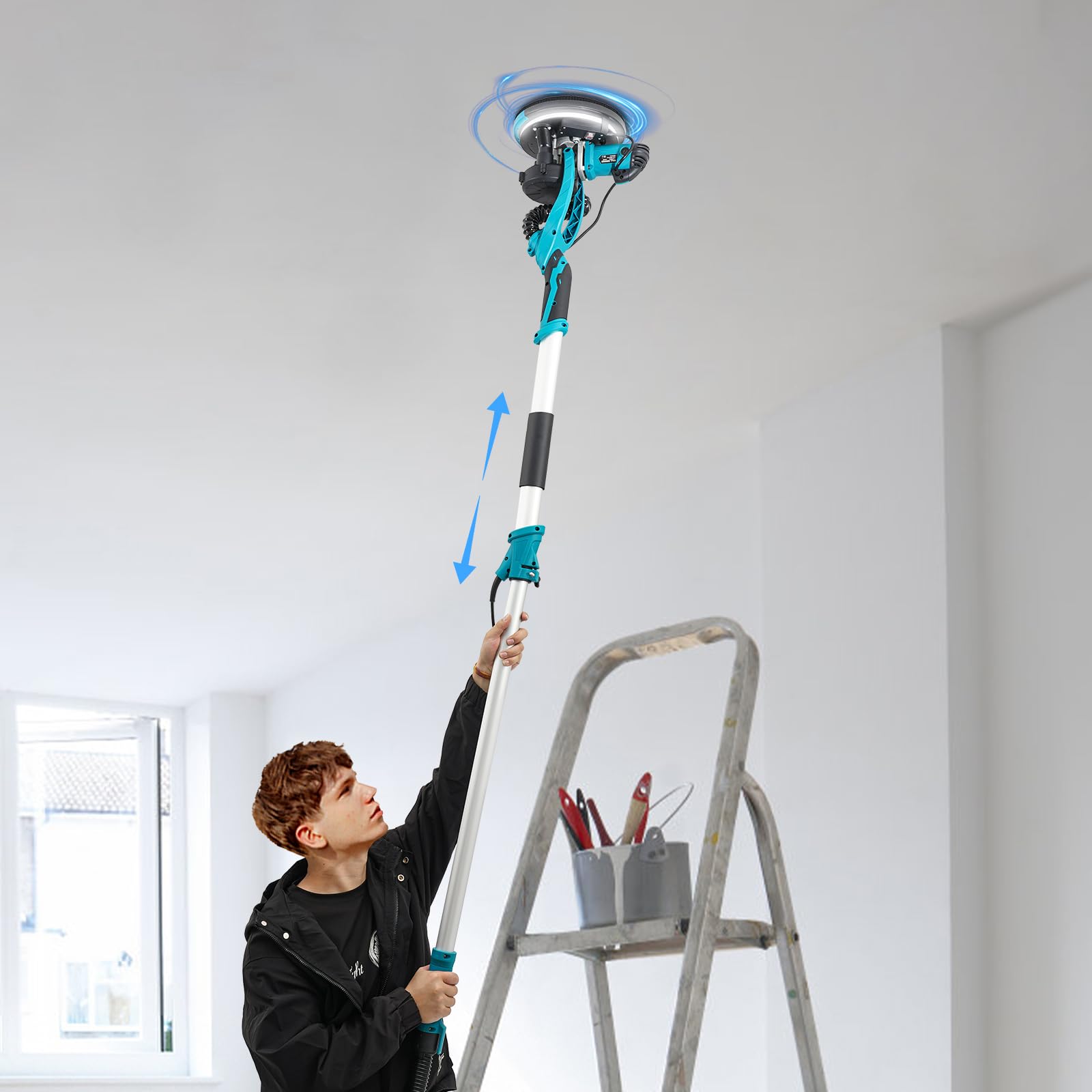 Szlifierka do suchej zabudowy, 1250 W, 90°, składany wysuwany uchwyt, szlifierka ścienna z oświetleniem LED i 6 papierem ściernym, 900-1800 obr./min, szlifierka sufitowa do suchej zabudowy (niebieska)