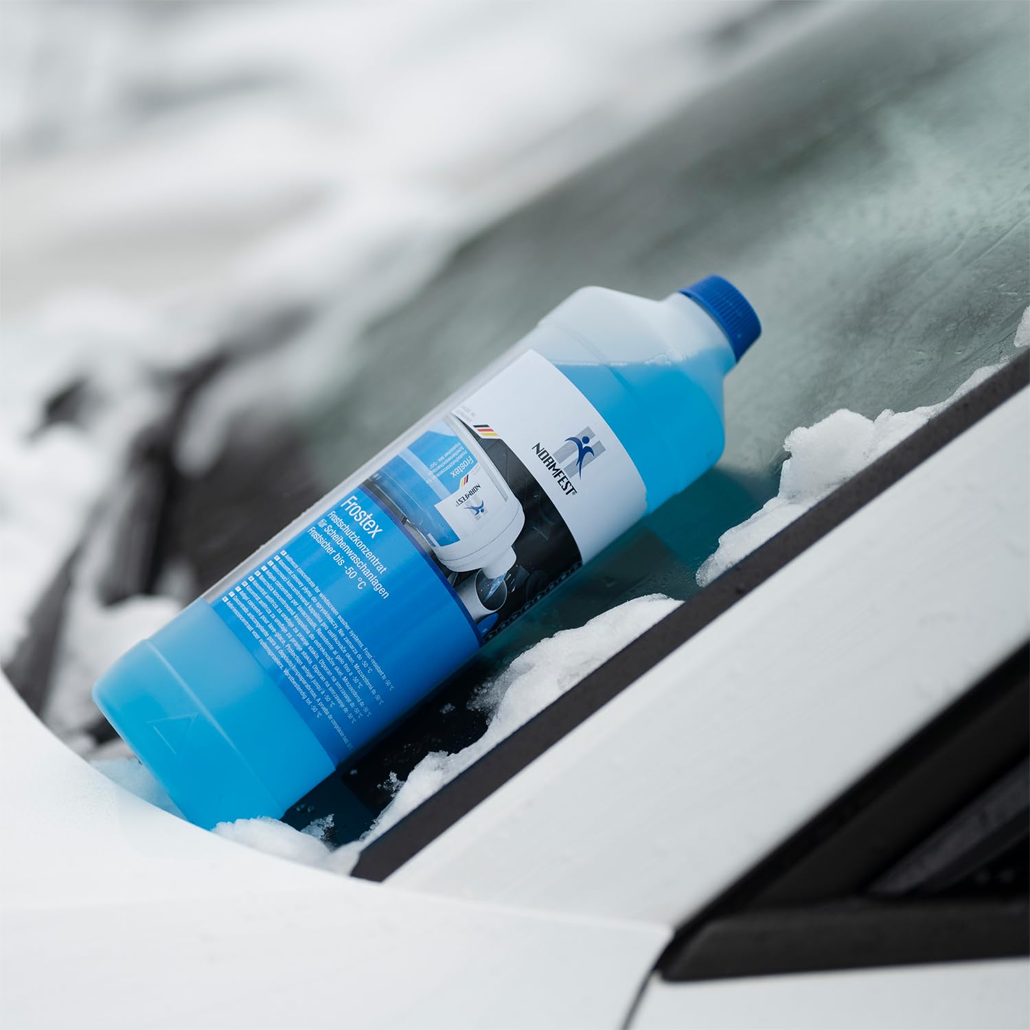 Normfest Frostex – Hochwirksames Frostschutz-Konzentrat für Scheibenwaschanlagen bis –50 °C, streifenfreie Reinigung, lackverträglich, biologisch abbaubar, 12×1 L