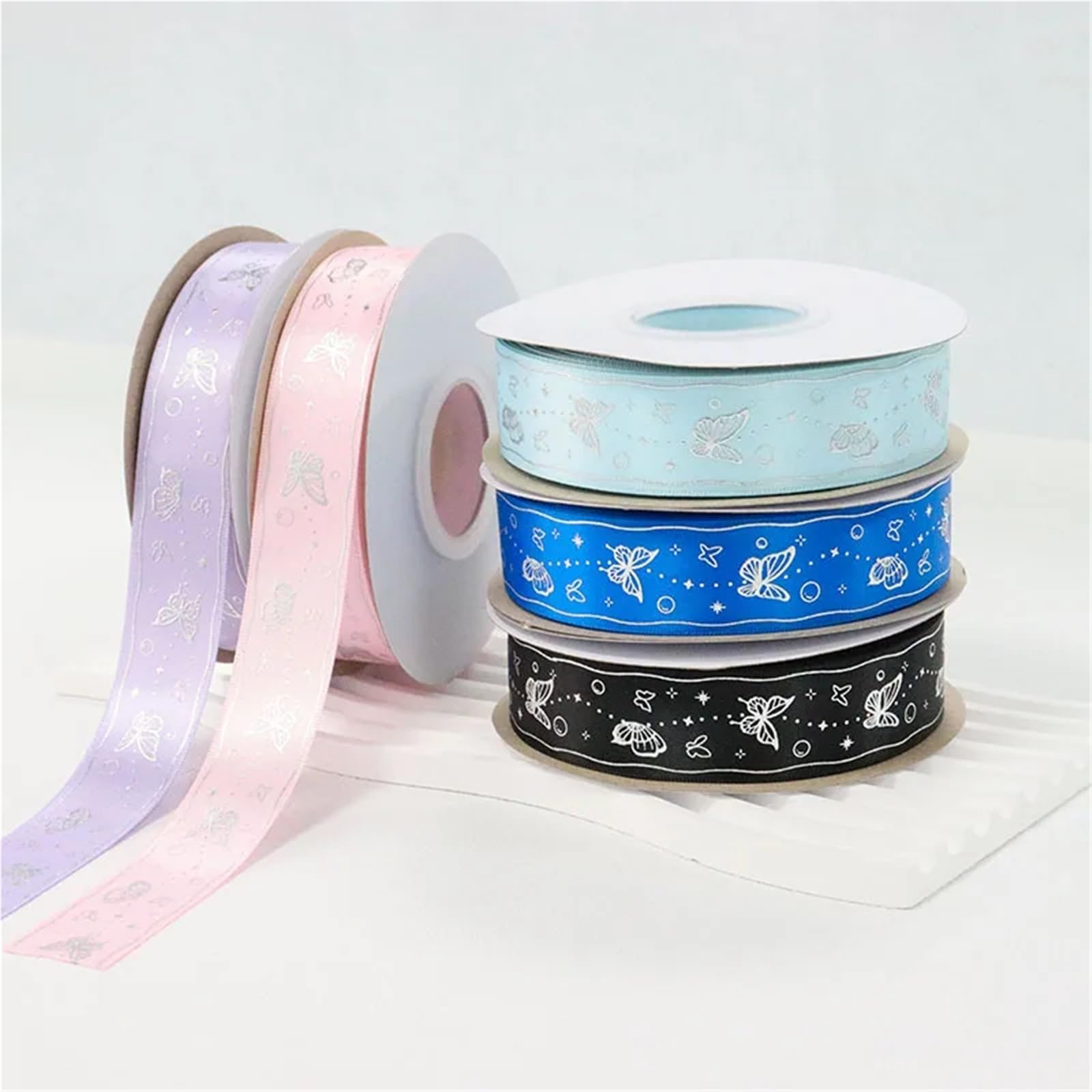 Nastro Con Stampa A Caldo Nastro in raso di poliestere con stampa a farfalla in lamina d'argento oro laser da 1 '' 25 mm for il confezionamento fiori nuziali(Color-11,50Yards)