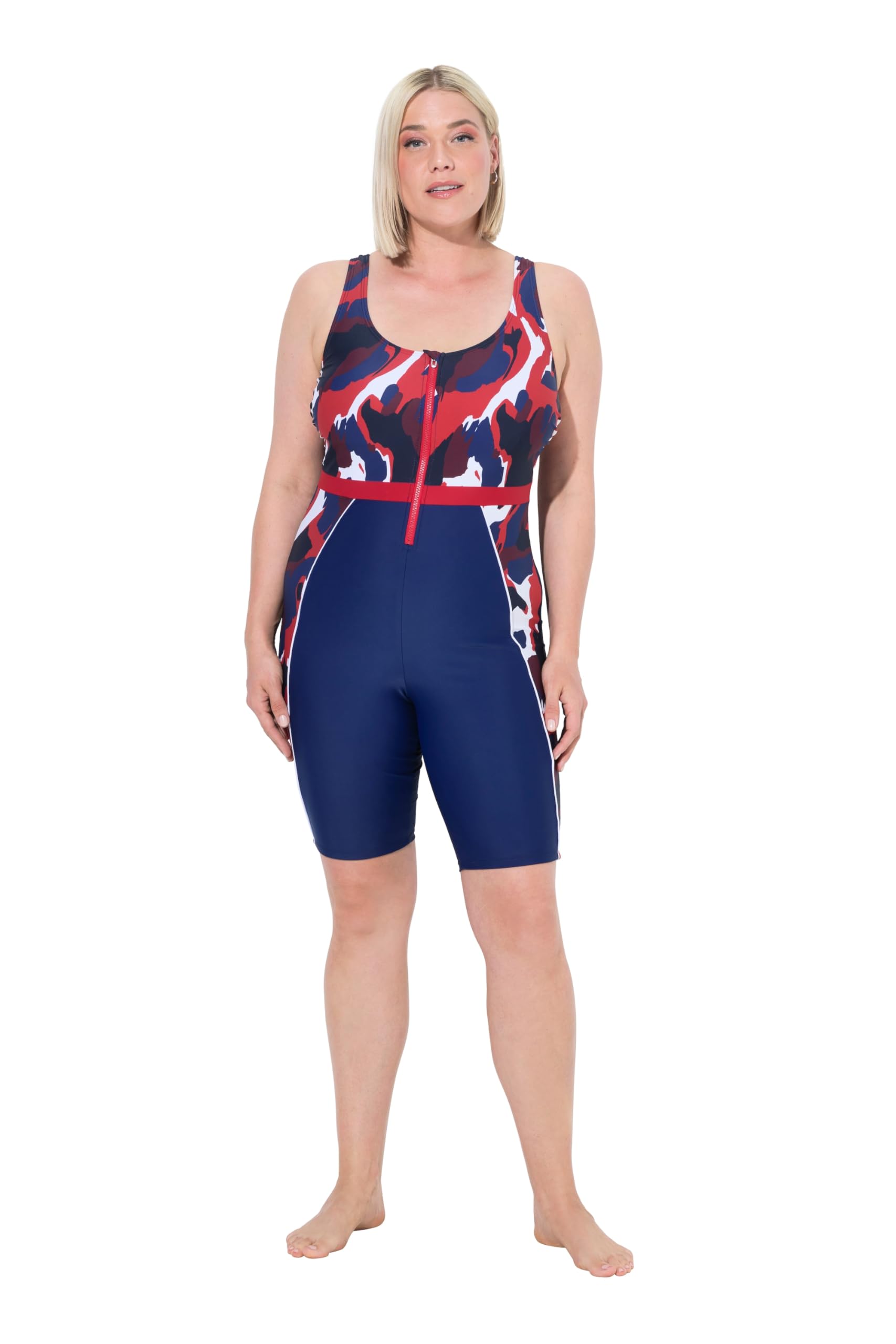 Ulla Popken Damen große Größen Übergrößen Plus Size Badeanzug, langes Bein, ohne Softcups, Zipper, recycelt 836821