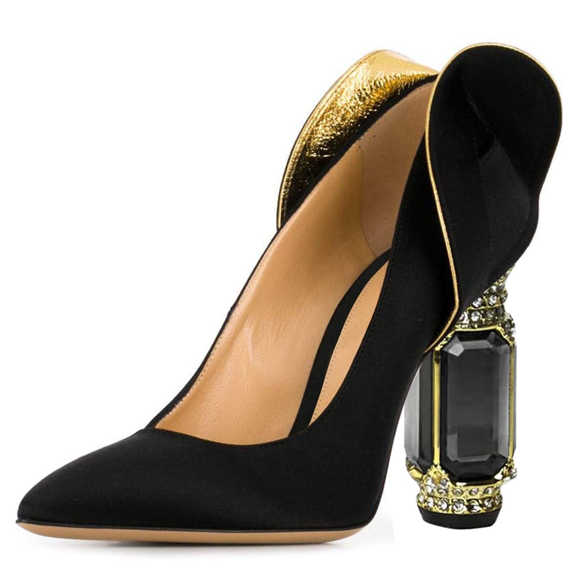 FSJ Women Graceful Satin Pumps Pointed Toe Crystal Chunky Block High Heels Slip On Curly Back Wedding Dress Evening Shoes Size 4-16 US