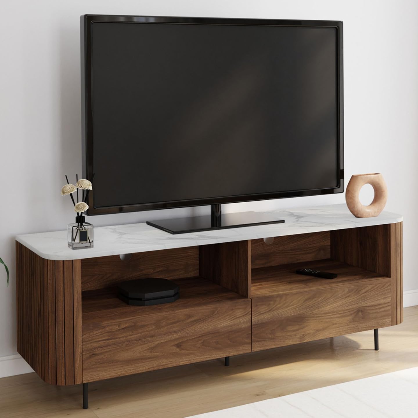 IDMarket - Meuble TV 140 cm Marla Noyer Effet Lattes 2 tiroirs et Plateau marbre Blanc Alaska