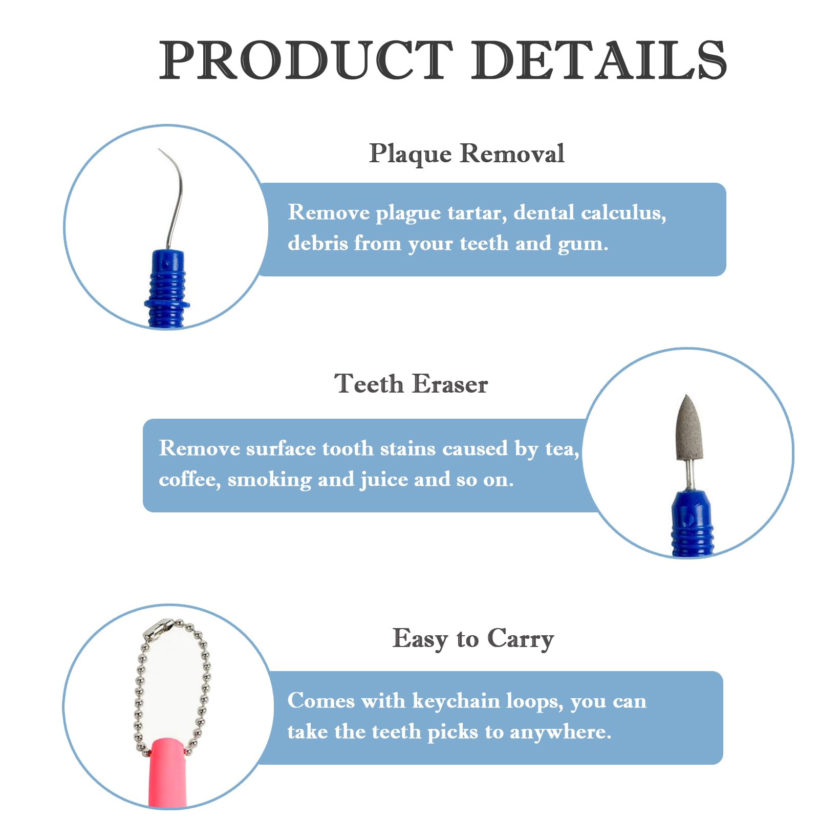 Kit di 4 plettri dentali riutilizzabili, portatili, per rimuovere macchie e placca dei denti, con portachiavi, gomme da cancellare, set di strumenti per viaggi, animali domestici e igiene