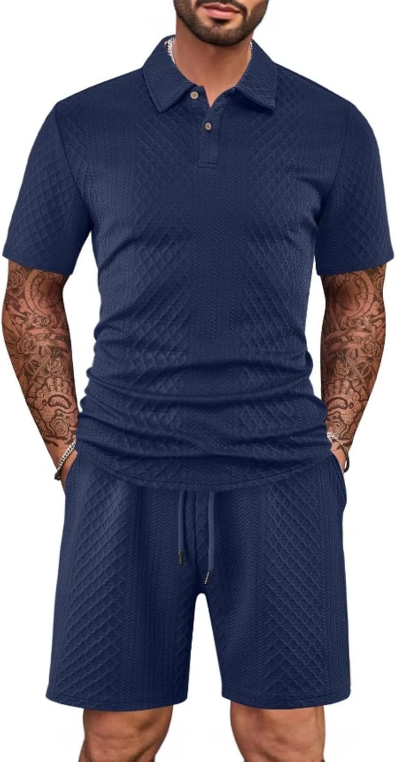 Men's Casual Track Suits 2 Piece Sets Summer Half Zip Textured Short Sleeve Collared Shirt and Shorts