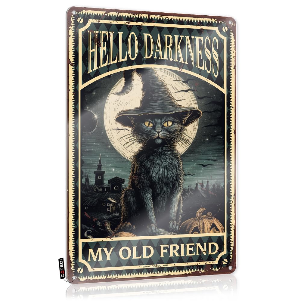 Black Cat Witch Halloween Hello Darkness My Old Friend Tin Sign Decorations For Homecute Decorwall Art For Kitchenapartment Decor For Men (Color : Colour, Size : 20X30CM)