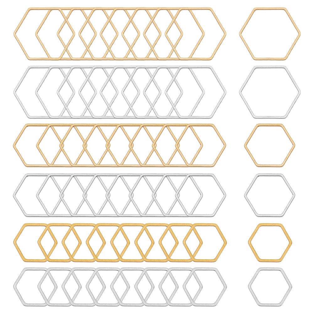 GOMAKERER 60 Pcs Stainless Steel Hexagon Connector Rings, 2 Colors 3 Sizes Sexangle Hollow Ring Links Metal Charm Frame Open Bezels for DIY Bracelet Necklace Earrings Jewelry Making