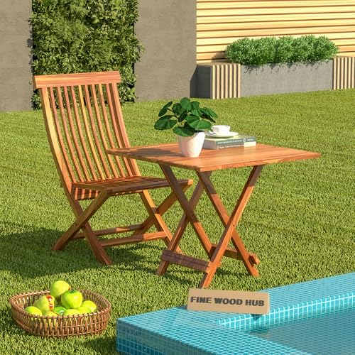Image of Wooden Patio Seating Chair and Table Set for Outdoor Balcony Garden Furniture Coffee Table with 1 Tables and 1 Chair Set (Honey Finish)