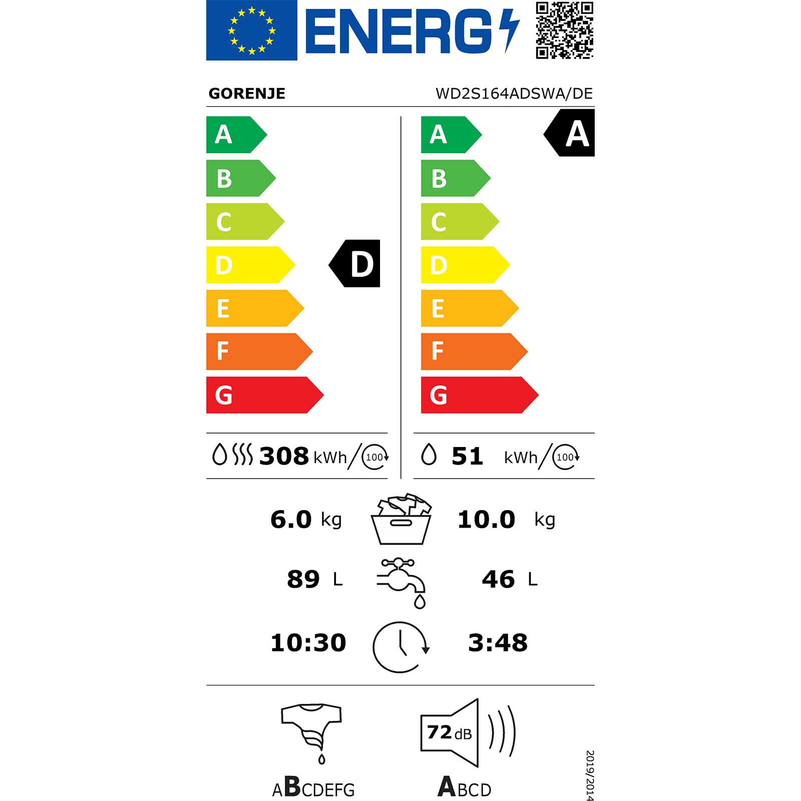 Gorenje WD2S164ADSWA/DE Waschtrockner Frontlader Wi-Fi 10kg 1400 U/Min A Weiß