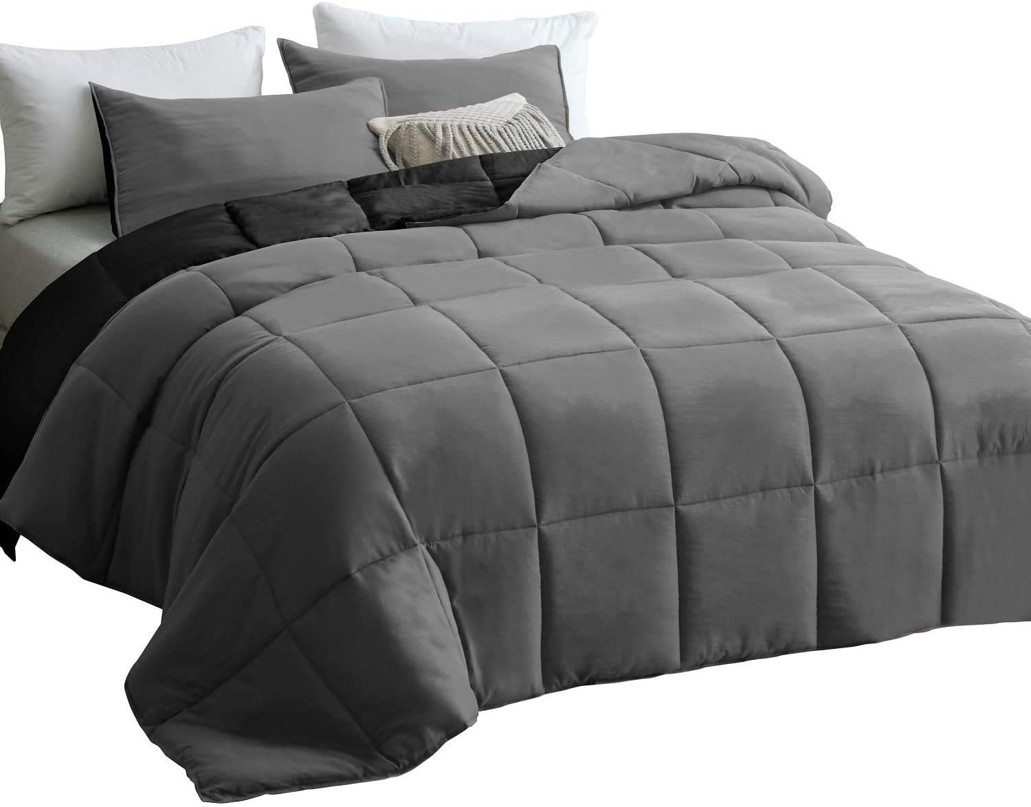 Comforter Set King/California King Size - All Season Soft Quilted Down Alternative Duvet Insert with Corner Tabs - 100% Organic Cotton - Warmth Hypoallergenic Bed Comforter Set 3 Pieces, Navy/Grey