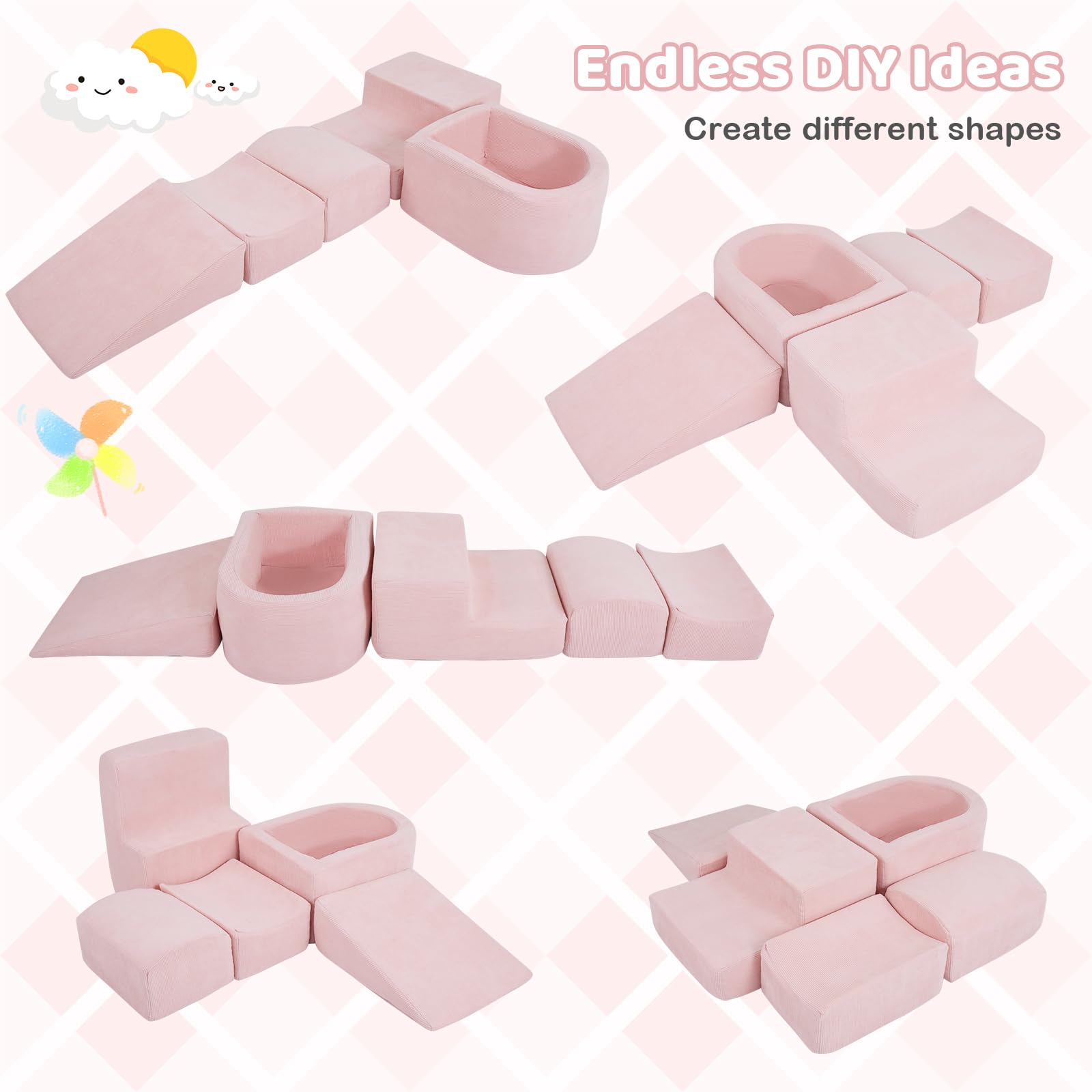 FANTASK 5-teilige Schaumstoffbausteine XXL, Riesen Kletterblöcke mit Bällebad, Großbausteine zum Toben & Klettern, Soft Spielbausteine für Zuhause, Kinderzimmer & Spielzimmer (Rosa, Cordstoff)