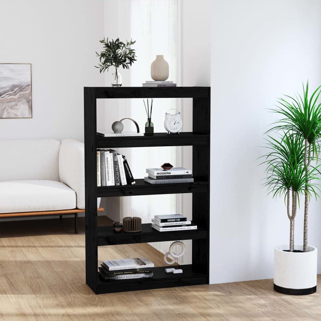 Bücherregal aus massivem Kiefernholz, Schwarz, 80x30x135,5 cm, 4 geräumige Fächer, Raumteiler für Bücher, Zeitschriften und Dekoration, pflegeleicht mit feuchtem Tuch