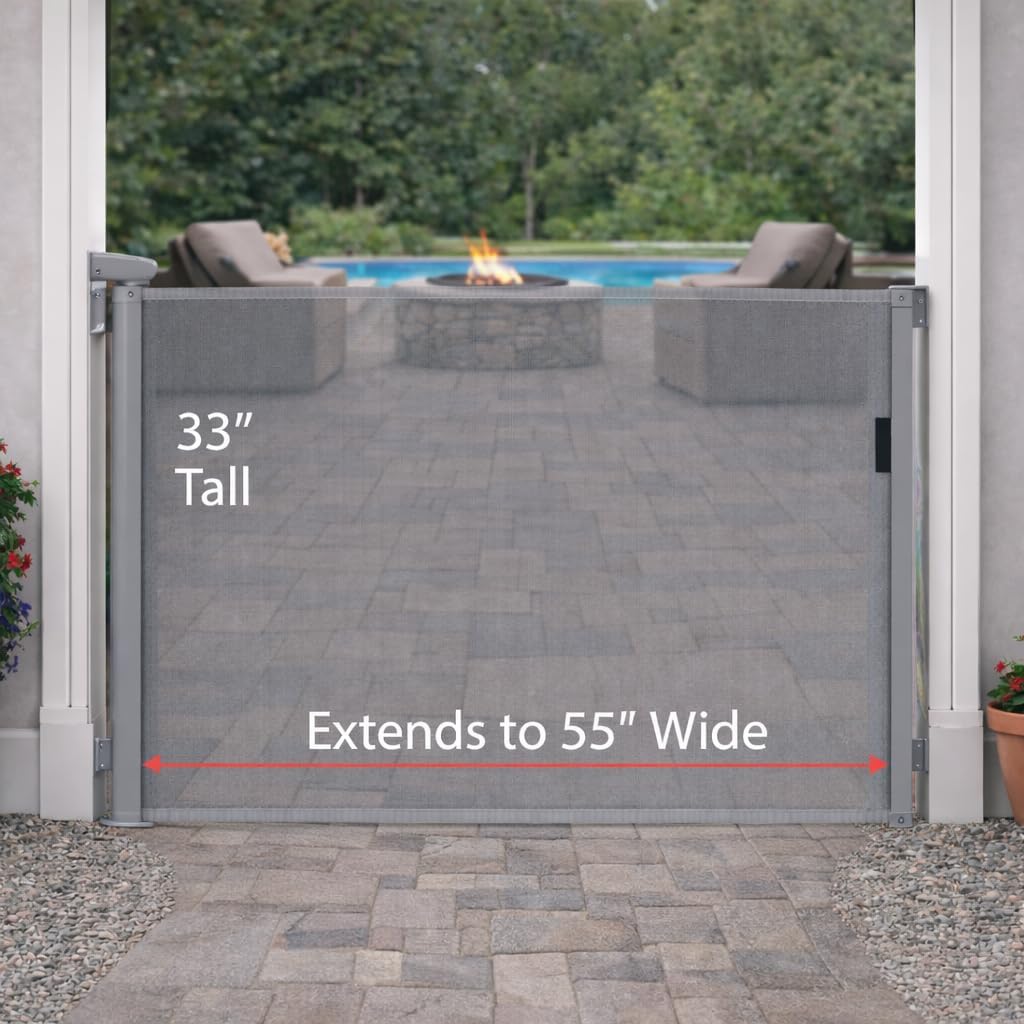 retractable mesh safety gate, pets gate, baby gate, 33\" tall, extends to 55\" wide, for stairs, doors, hallways, indoor/outdoor (grey, 55 inches) gray 55 inches