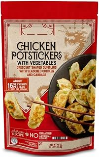 Chicken Potstickers with Vegetables , Authentic Asian recipe with seasoned chicken, cabbage, and fried shallots , Chicken Potstickers with Vegetables are crafted from a time-honored recipe, bringing you the rich flavors and textures of authentic Asian cuisine. Crescent-shaped dumpling dough are filled with a mix of cabbage, seasoned chicken, fried shallots and a secret blend of seasonings. 48 oz.