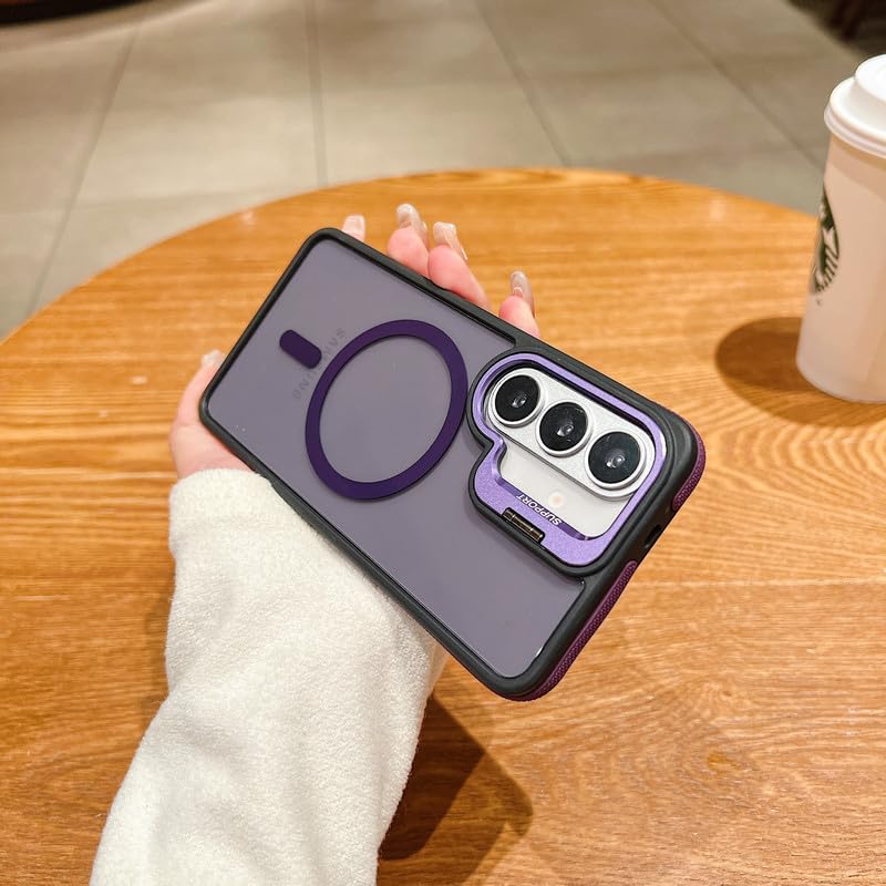 Image of LuxuryKase Smoked Clear MagSafe Case for Samsung Galaxy S26 | Metal Camera Guard Kickstand | Rugged Grip Edge | Hard PC Back + Soft TPU | Wireless Charging Support - Purple