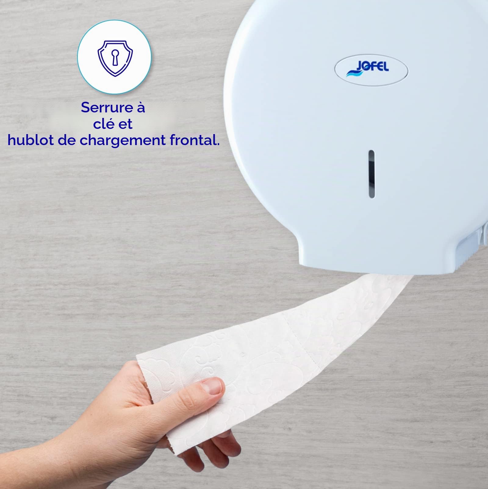 Jofel - Grand distributeur industriel de rouleaux de papier toilette, papier 400m, diamètre 260mm, mandrin 45-55mm, Idéal pour les toilettes publiques, Boîtier ABS haute qualité, Valor AE77000 Blanc