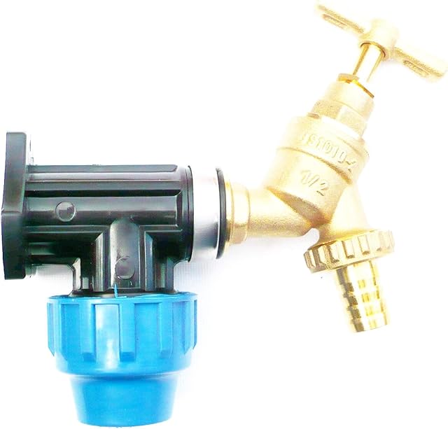 Farm & Field Hardware MDPE Compression Wall Plate Elbow (20mm) with 1/2" Brass Bib Tap & Hose Tail