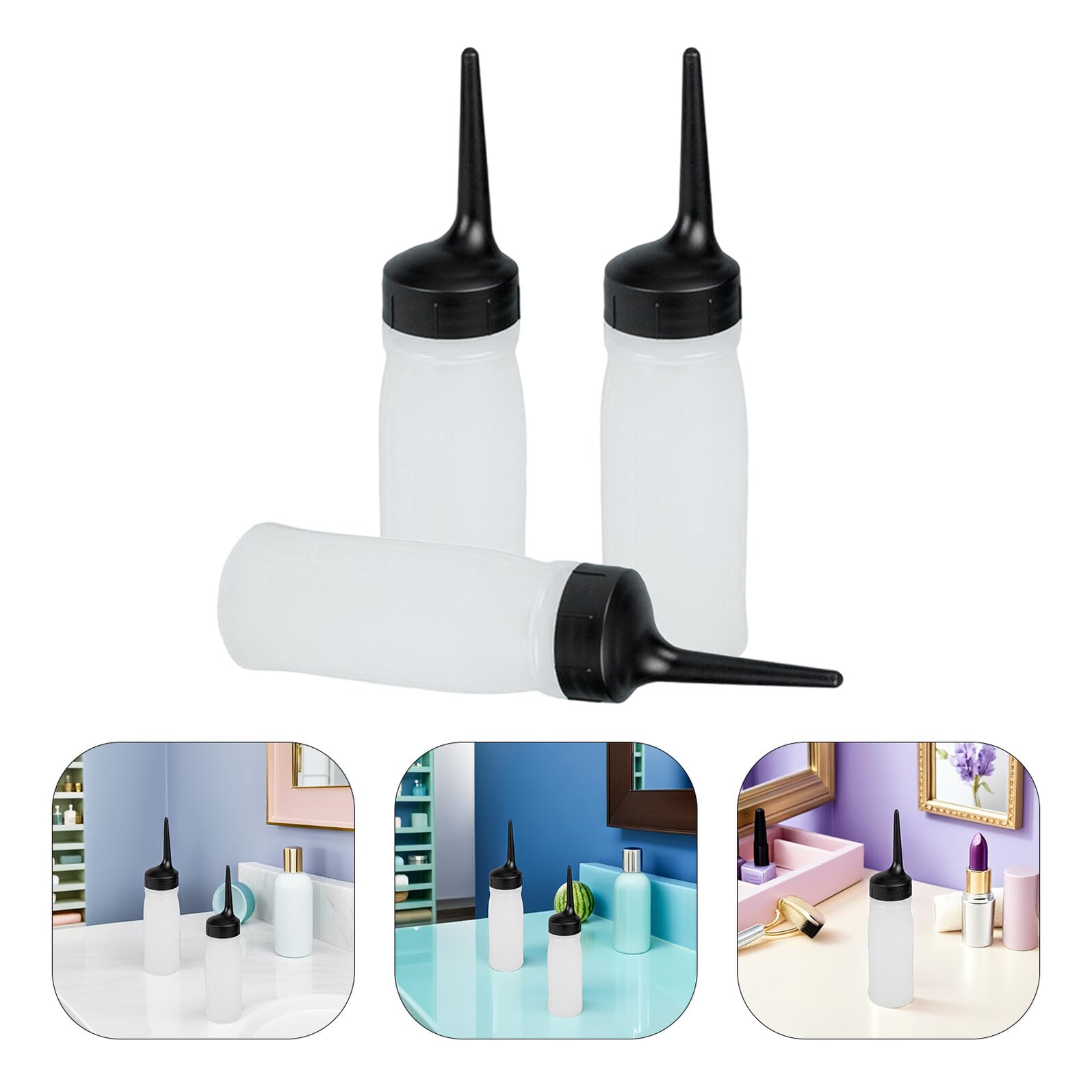 3piezas Botellas Aplicadoras De Tinte Cabello Recargables Punta Ángulo y Escala Graduada Exprimibles Para Salón y Tratamientos Profesionales De Peluquería