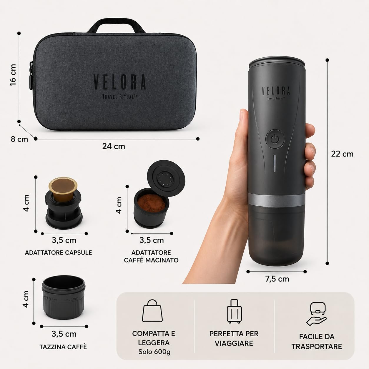 Generico VeloraTravelRitual Macchina Caffè Portatile – Espresso Ovunque, Compatibile Capsule e Macinato, Ricarica USB, Ideale per Auto, Viaggi, Camper e Outdoor