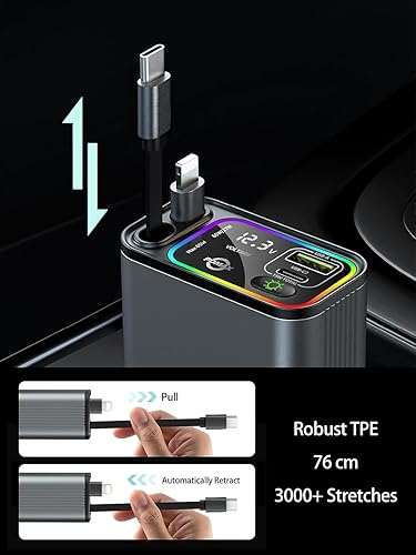 Miniatura 2 de Cargador de coche retráctil USB C, cargador de coche tipo C de 107 W de carga rápida con cable retráctil dual y puertos USB para iPhone 17/16/15,