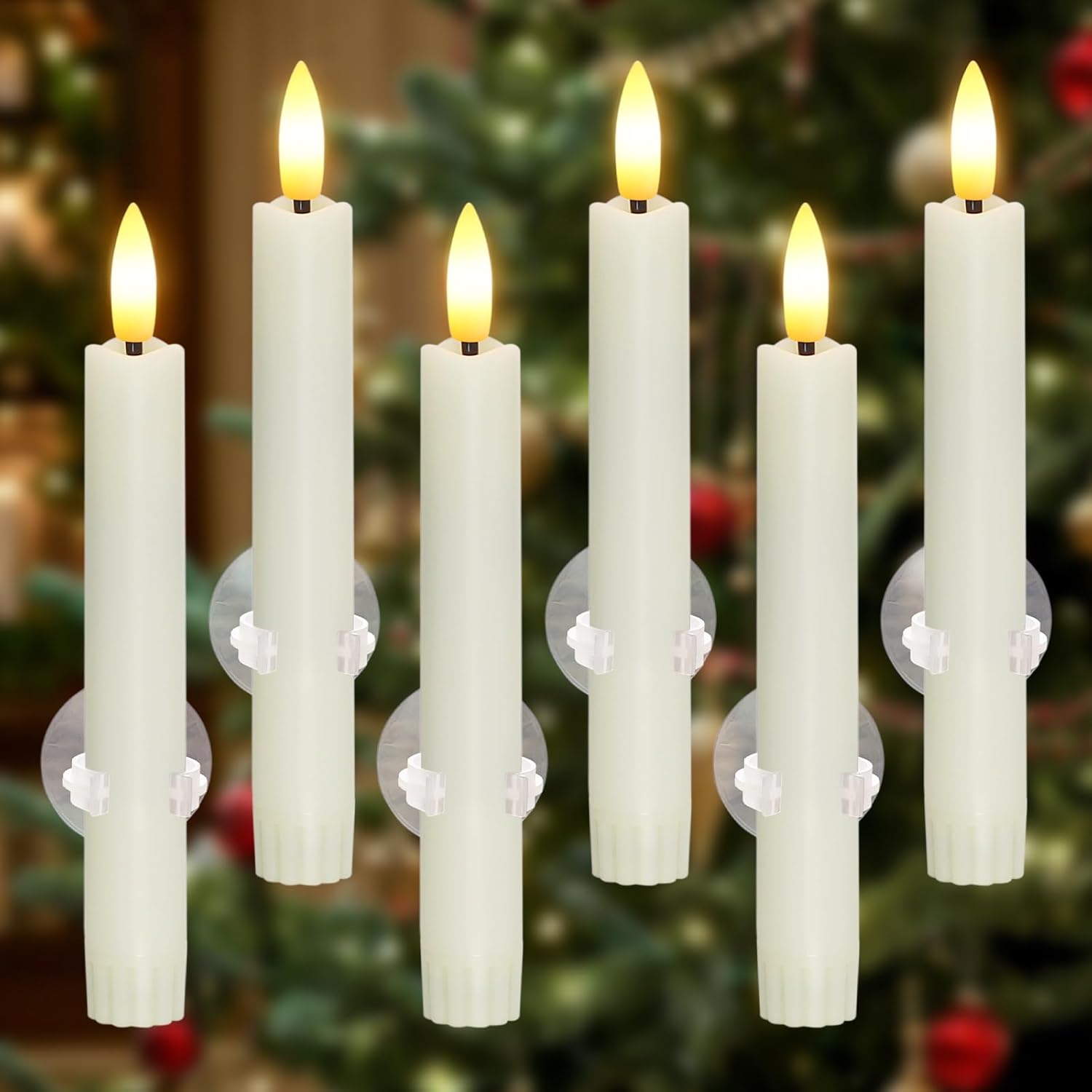 Yeelida Flickering Flameless Short Window Candles with Sensor Dusk to Dawn, 6pcs Battery Operated 0.78" x6.4" LED Ivory Plastic Taper 6 Suction Cup Long Lasting Candlesticks