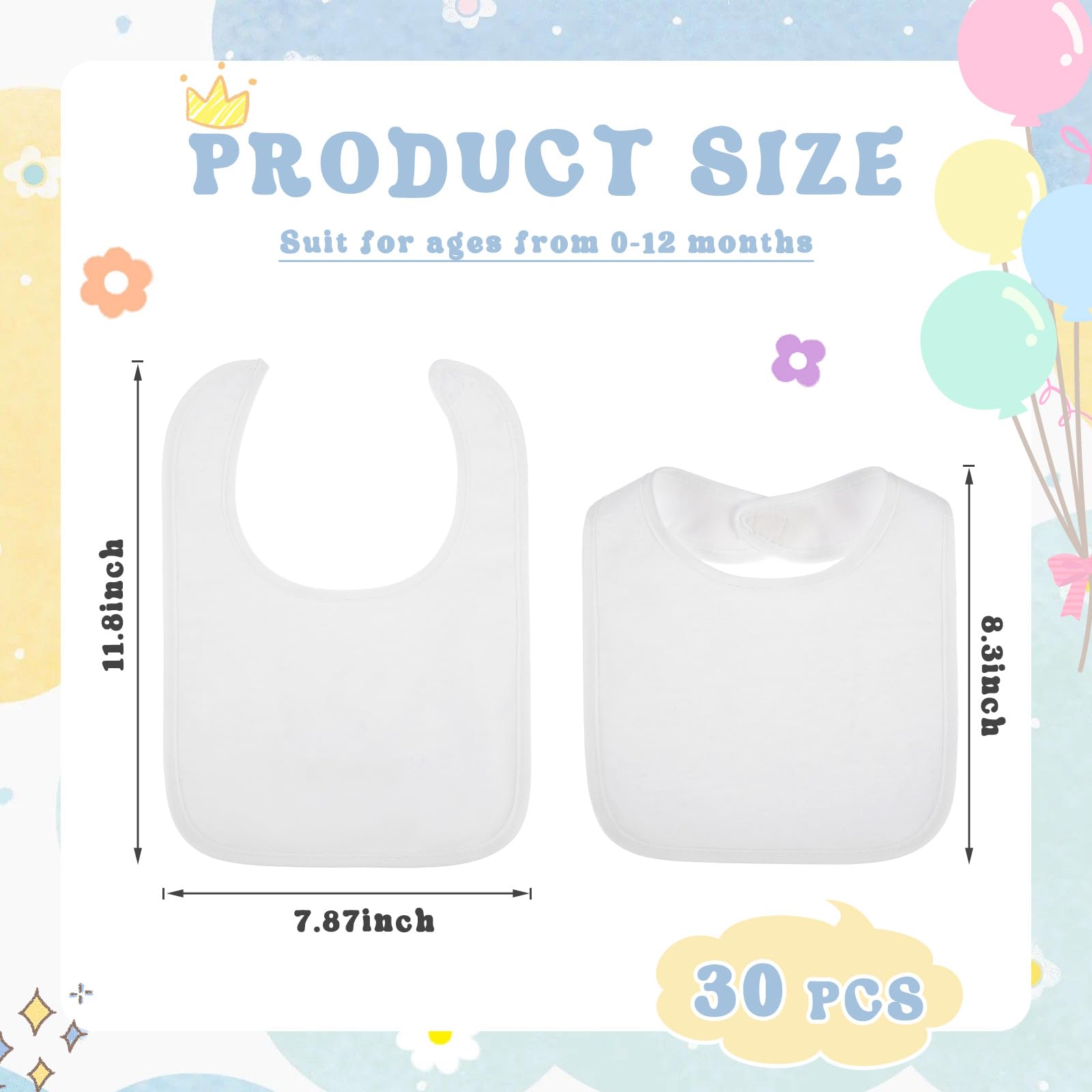 Toulite 30 Pcs White Cotton Baby Bibs for Decorating Washable Reusable Waterproof Feeder Baby Bibs with Double Sided Design