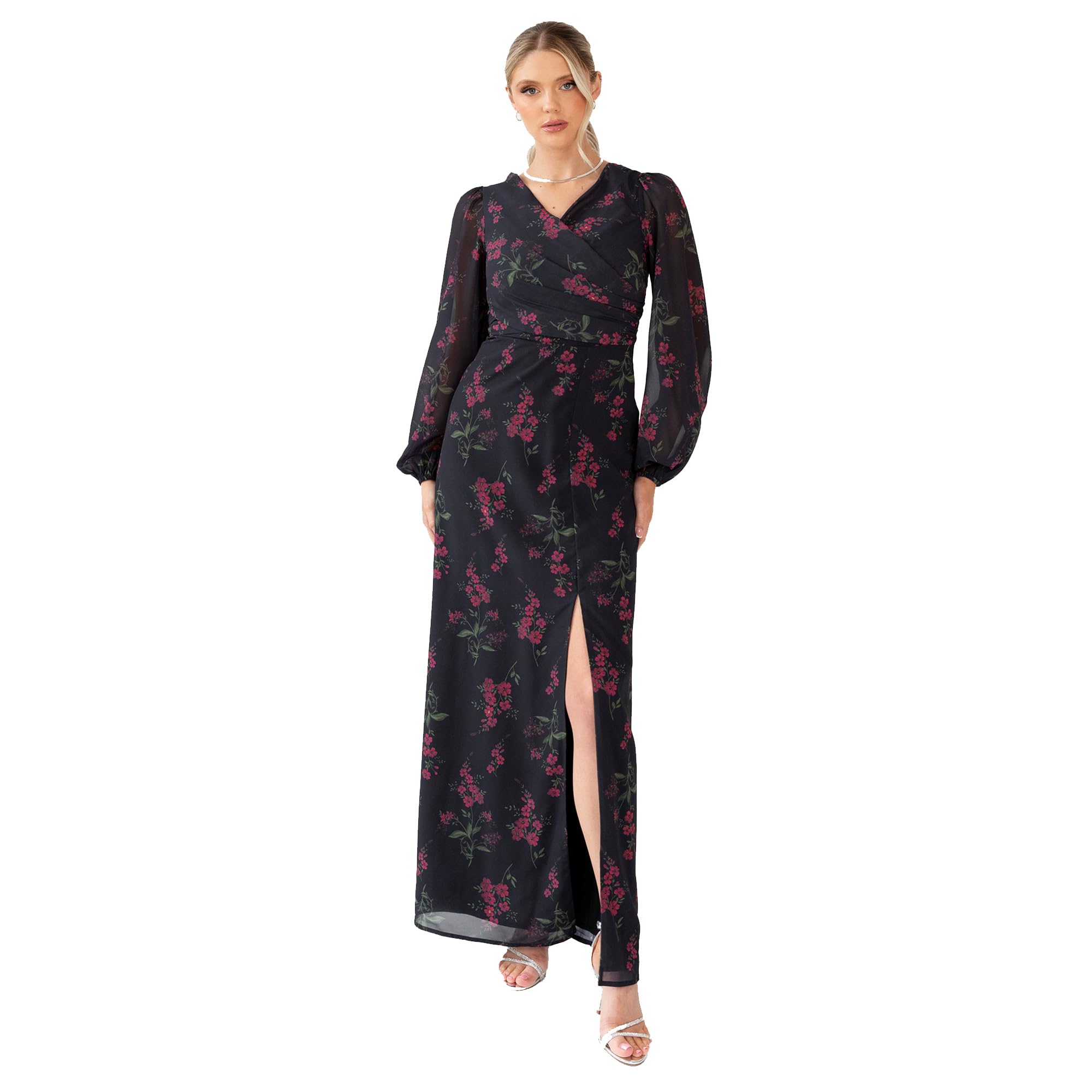 Anaya with Love Women's Maxi Dress Ladies Recycled Faux Wrap V-Neck Long Blouson Sleeve Gathered Draped Skirt Split A-line Occasion Wear, Black Floral Print 18