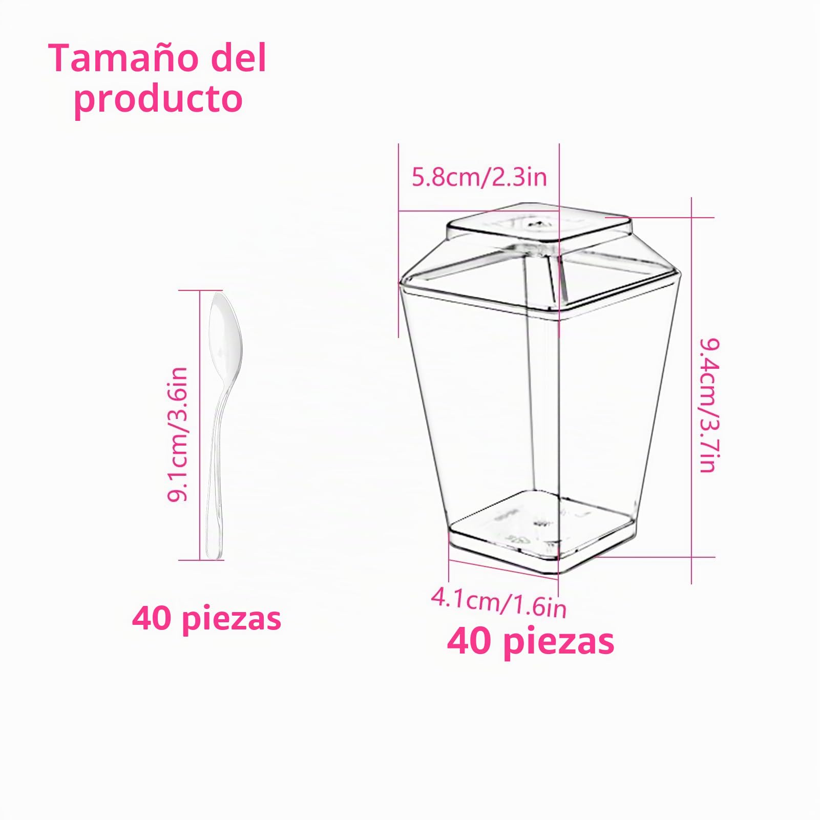 40 tazas de postre, con cucharas y tapa, vasos de postre de plástico de 160 ml, vasos de postre transparentes, reutilizables y cuadradas para el hogar, postres, mousse, helados