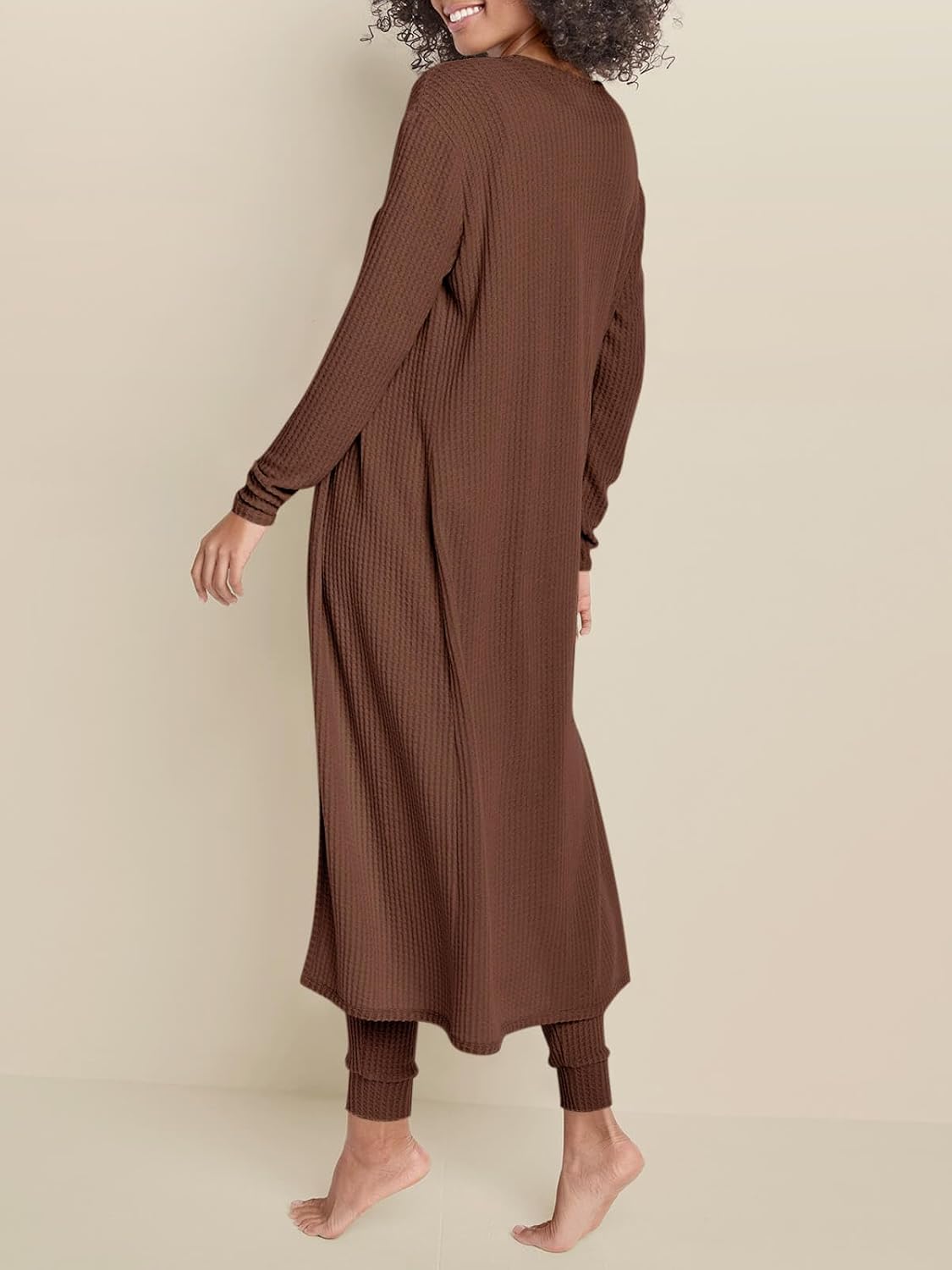 Eurivicy Womens Lounge Set Waffle Knit 3 Piece Pajama Sets Tank Tops Loose Pants with Long Cardigan Loungewear 2025 Brown - Image 3