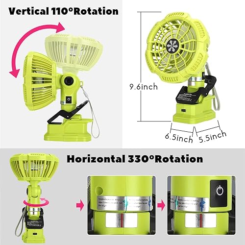 Miniatura 6 de Ventilador de clip compatible con batería Ryobi de 18 V, ventilador de abrazadera inalámbrico 3 en 1 con puerto USB, 3 ajustes de velocidad,