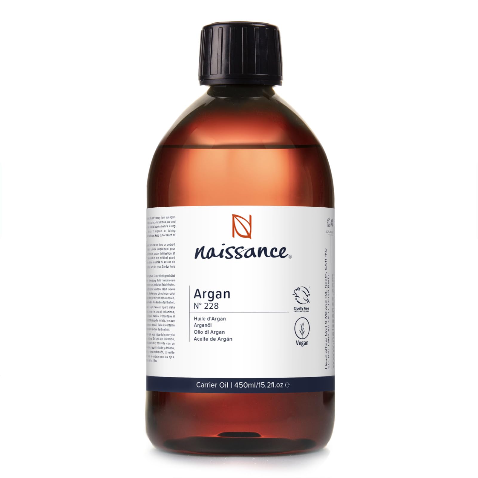 Naissance Aceite Vegetal de Argán de Marruecos (No. 228) 450ml - Natural, Vegano, No OGM - Hidratante Para Rostro, Cabello, Barba, Uñas, Cutículas